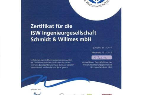 Das Zertifikat  „Familien-Freundliches Unternehmen im Hochsauerlandkreis 2015“
